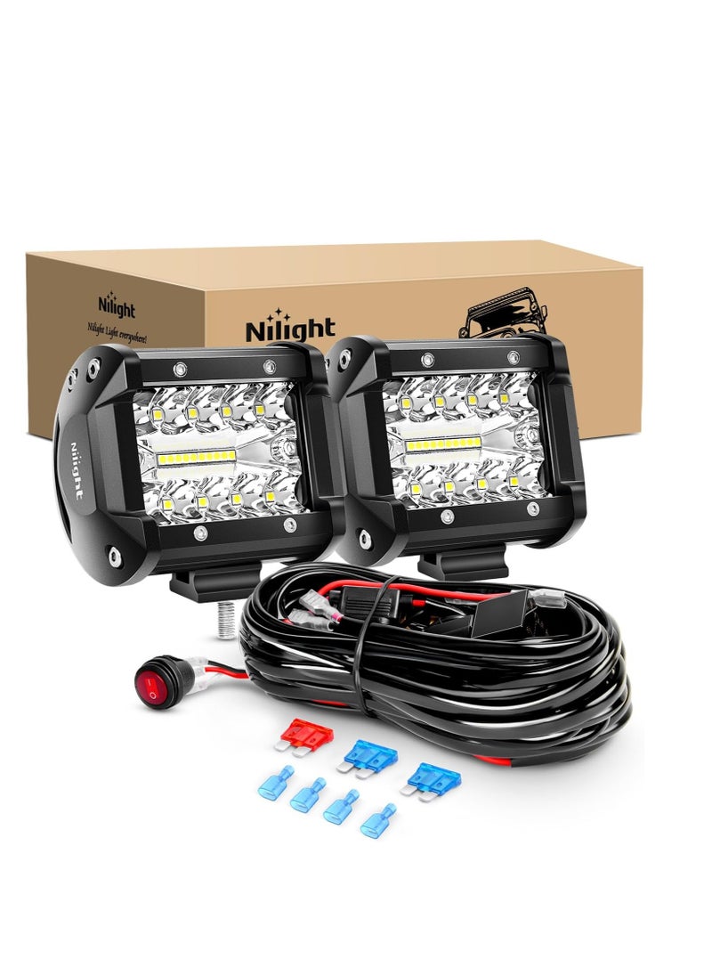 Nilight - Nilight LED Light Bar 2PCS 60W 4 Inch Flood Spot Combo Work Light Pods Triple Row Driving Lamp with 12 ft Wiring Harness kit - 2 Leads,2 Year Warranty - Image 1
