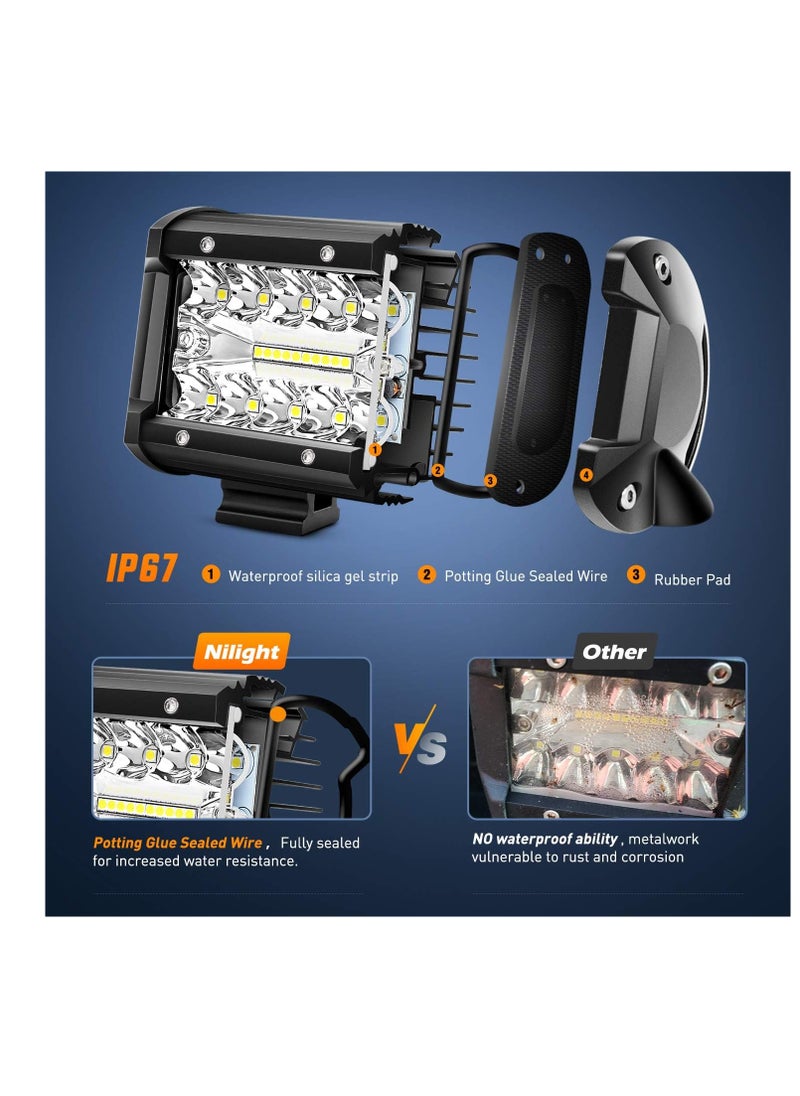 Nilight - Nilight LED Light Bar 2PCS 60W 4 Inch Flood Spot Combo Work Light Pods Triple Row Driving Lamp with 12 ft Wiring Harness kit - 2 Leads,2 Year Warranty - Image 1