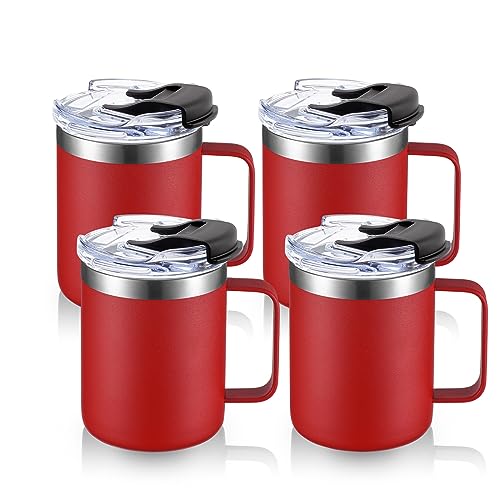 ALOUFEA 12oz Stainless Steel Insulated Coffee Mug with Handle, Double Wall Vacuum Tumbler Cup with Fliping Lid, Red, 4 Pack - Image 1
