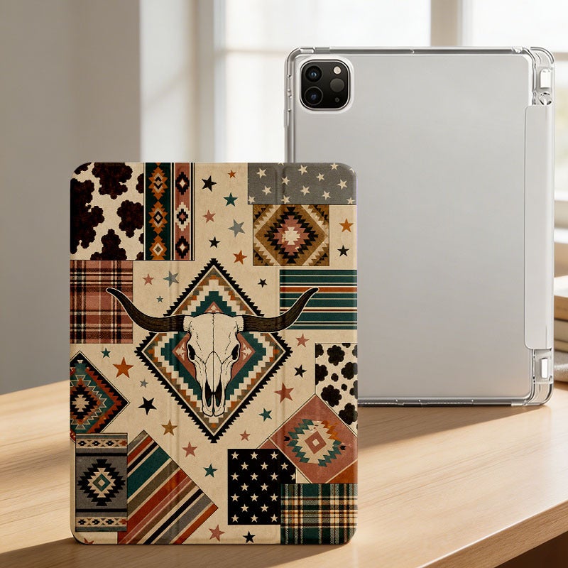 Tablet Case for iPad, Western Longhorn Patchwork, iPad Case for Mini Air Pro 4 5 6 7 8 9 10 11 12, for 7.9 8.3 9.7 10.2 10.5 10.9 11 12.9 13 inch Clear Protective Anti-Drop Cover with Stand - Image 3