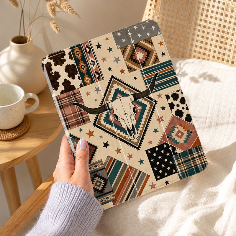 Tablet Case for iPad, Western Longhorn Patchwork, iPad Case for Mini Air Pro 4 5 6 7 8 9 10 11 12, for 7.9 8.3 9.7 10.2 10.5 10.9 11 12.9 13 inch Clear Protective Anti-Drop Cover with Stand - Image 1