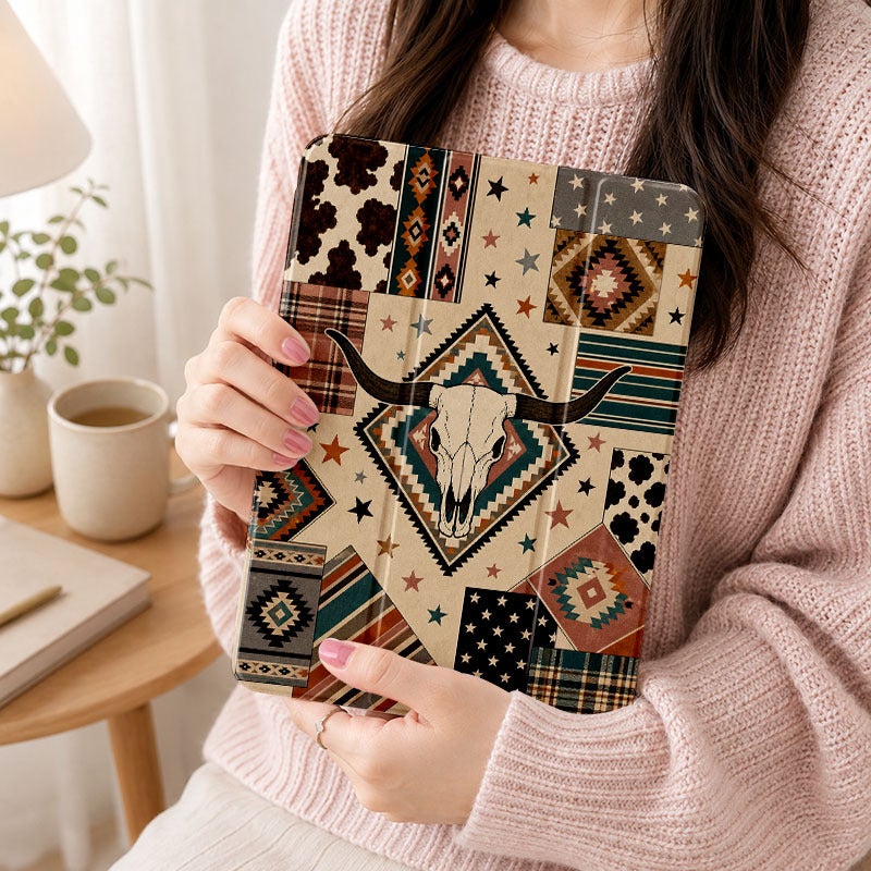 Tablet Case for iPad, Western Longhorn Patchwork, iPad Case for Mini Air Pro 4 5 6 7 8 9 10 11 12, for 7.9 8.3 9.7 10.2 10.5 10.9 11 12.9 13 inch Clear Protective Anti-Drop Cover with Stand - Image 5