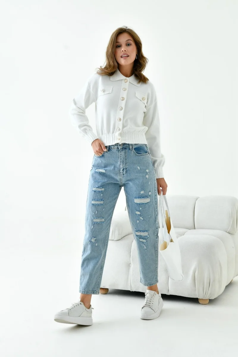 Garmi Women's Cardigan with Embroidered Pocket Detail Ecru
