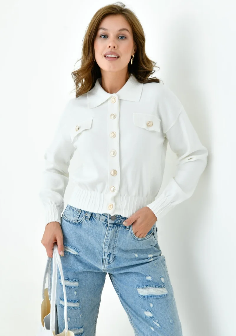Garmi Women's Cardigan with Embroidered Pocket Detail Ecru