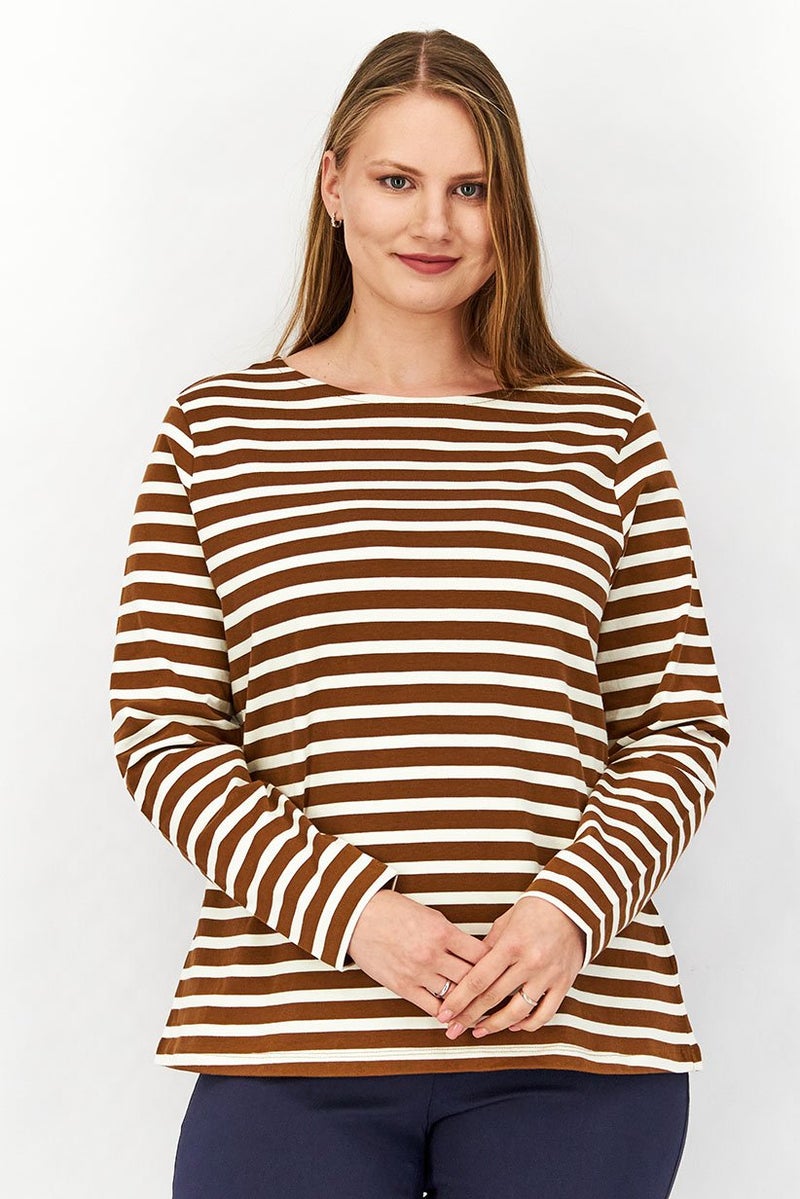 Tchibo بلوزة نسائية بأكمام طويلة وياقة دائرية، مخططة، بني - Image 1