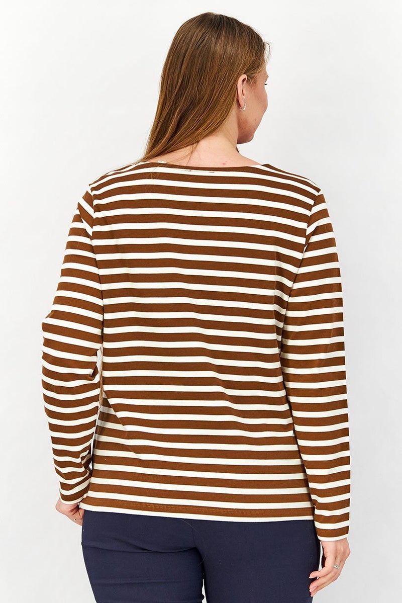 Tchibo بلوزة نسائية بأكمام طويلة وياقة دائرية، مخططة، بني - Image 3