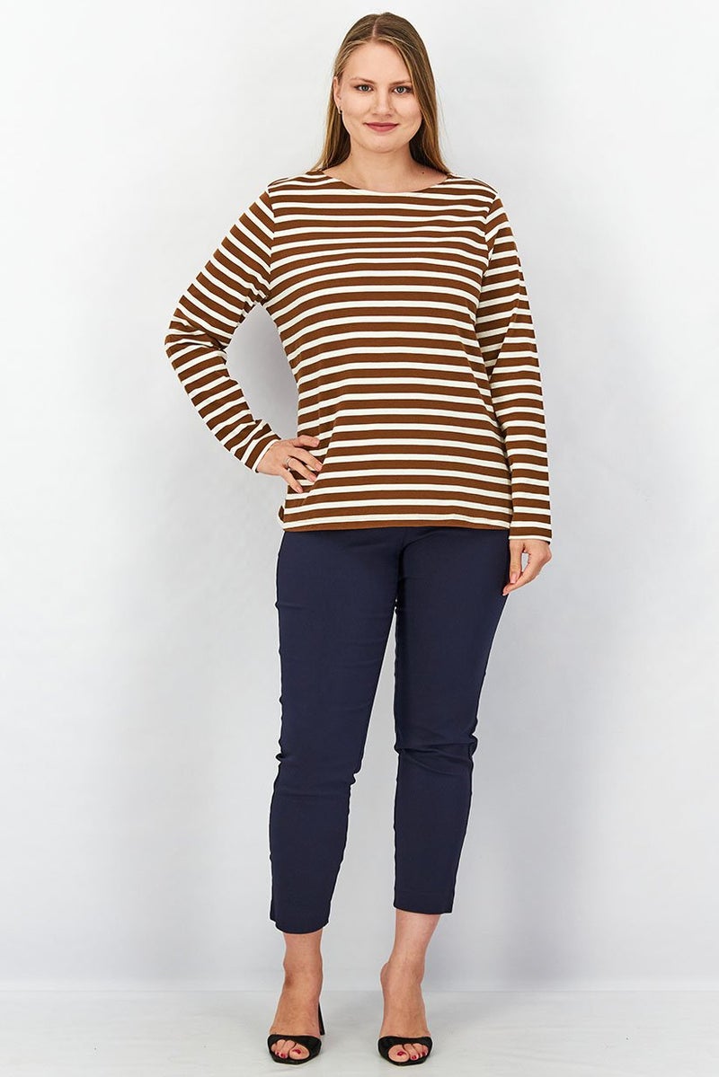 Tchibo بلوزة نسائية بأكمام طويلة وياقة دائرية، مخططة، بني - Image 4