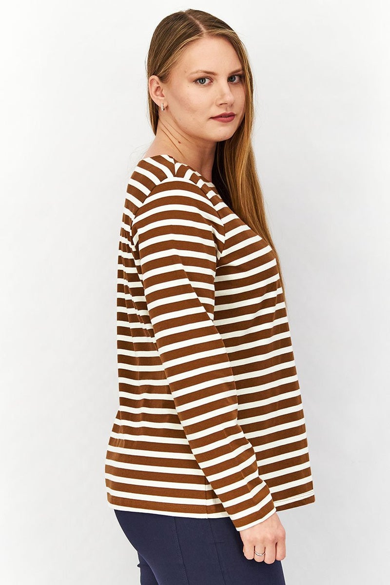 Tchibo بلوزة نسائية بأكمام طويلة وياقة دائرية، مخططة، بني - Image 2