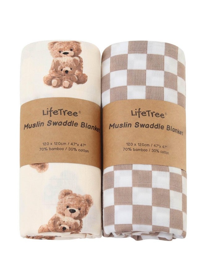 LifeTree Muslin Swaddle Blankets Neutral, Baby Swaddling Wrap Nursery Blanket For Boys & Girls Unisex, Soft 70% Viscose From Bamboo And 30% Cotton, Large 47 X 47 Inches, Bear & Checkered Coffee  - Image 1