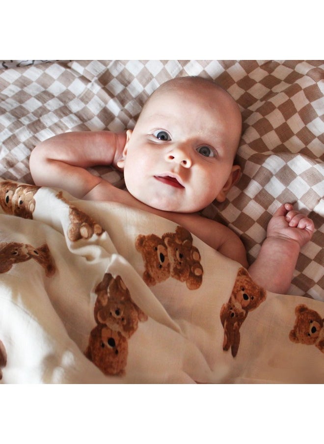 LifeTree Muslin Swaddle Blankets Neutral, Baby Swaddling Wrap Nursery Blanket For Boys & Girls Unisex, Soft 70% Viscose From Bamboo And 30% Cotton, Large 47 X 47 Inches, Bear & Checkered Coffee  - Image 2