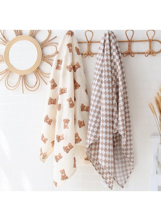 LifeTree Muslin Swaddle Blankets Neutral, Baby Swaddling Wrap Nursery Blanket For Boys & Girls Unisex, Soft 70% Viscose From Bamboo And 30% Cotton, Large 47 X 47 Inches, Bear & Checkered Coffee  - Image 3