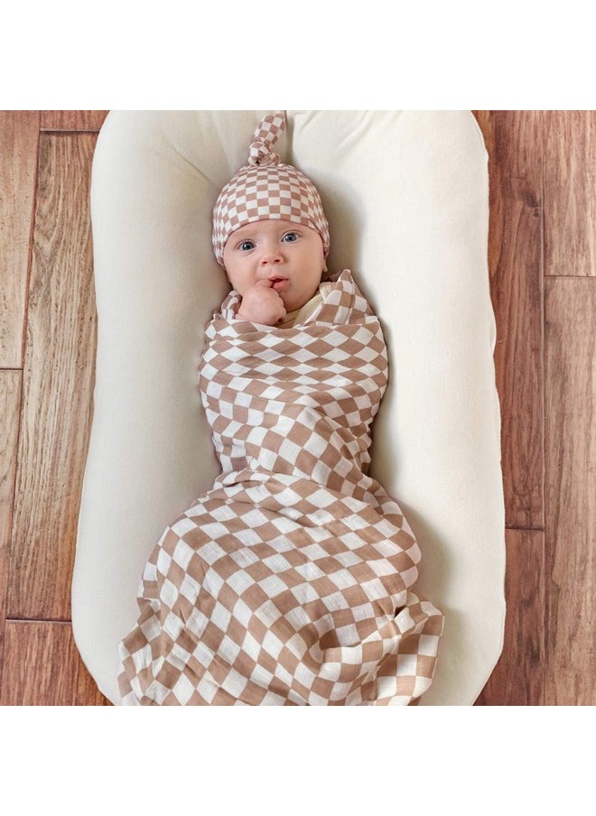 LifeTree Muslin Swaddle Blankets Neutral, Baby Swaddling Wrap Nursery Blanket For Boys & Girls Unisex, Soft 70% Viscose From Bamboo And 30% Cotton, Large 47 X 47 Inches, Bear & Checkered Coffee  - Image 5