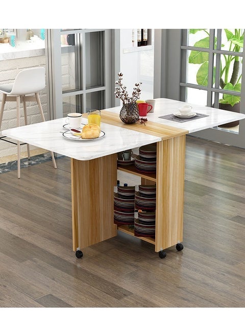 Folding Dining Table Drop Leaf Table with 6 Wheels, Kitchen Table with 2-Layer Storage Shelves, Multifunctional Extension Space Saving Dinner Table for Bedroom Dining Room Home