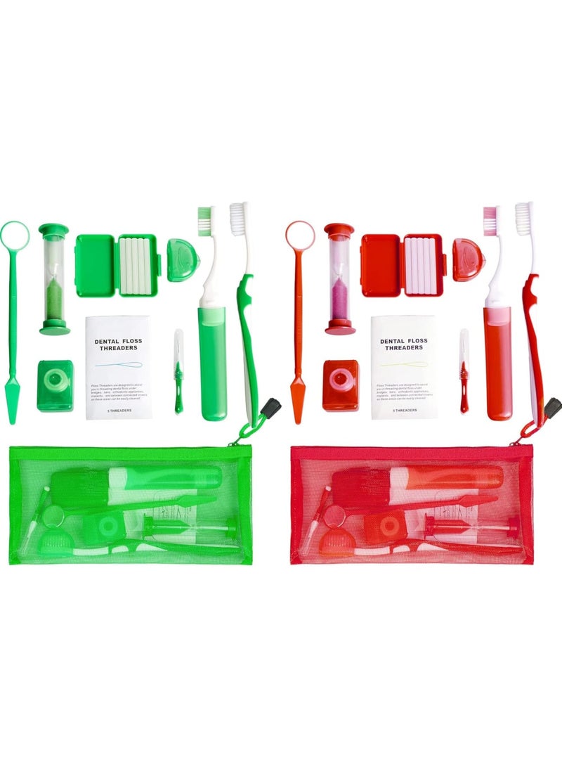SYOSI Portable Orthodontic Oral Care Kit for Braces -2 Orthodontic Care Set - Dental Braces Kit, Interdental Brush Dental Wax Dental Floss Toothbrush Cleaning Kit (Green & Red) - Image 1