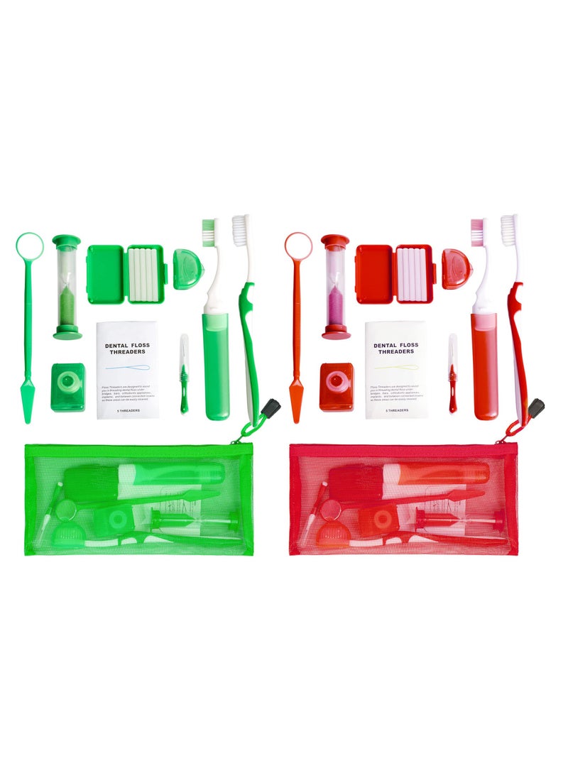 KASTWAVE Portable Orthodontic Oral Care Kit for Braces -2 Orthodontic Care Set - Dental Braces Kit, Interdental Brush Dental Wax Dental Floss Toothbrush Cleaning Kit (Green & Red)  - Image 1