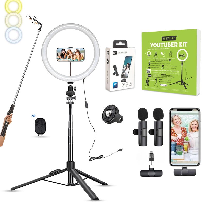 USTINE ® Youtuber Kit | 10" Ring Light | Imported mic | Extra-Long Selfie Stick with Large Reinforced Tripod Upto 67 inch/170 cm (Tripro X5 + 10" Light+Dual Wireless Mic) - Image 1