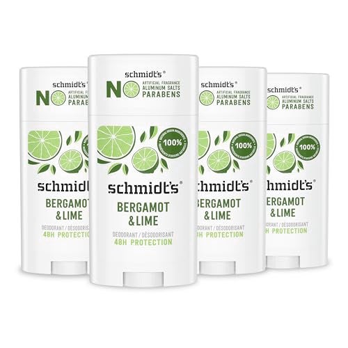 Schmidts AluminumFree Vegan Deodorant Bergamot  Lime 4 Count for Women and Men with 24 Hour Odor Protection Natural Ingredients CrueltyFree 265 oz