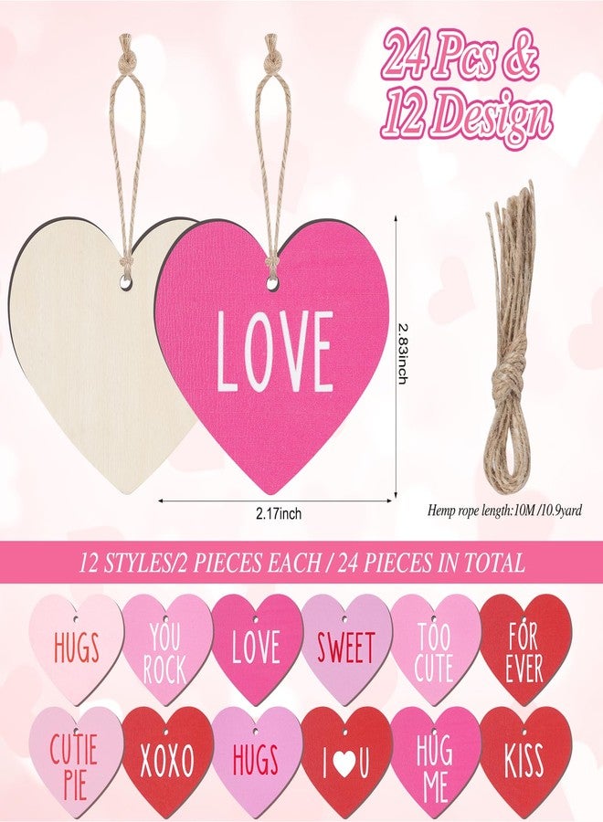 Pascliyna 24 Pcs Valentine’s Day Conversation Heart Ornaments, Wooden Heart Shaped Hanging Tags Love Heart Embellishments Wood Slices Tag Decorations for Anniversary Wedding Ceremony Engagement Party Supplies - Image 2