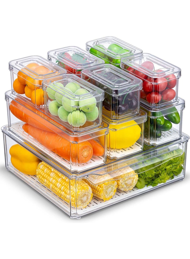 DUNISO 10 Pcs Fridge Organizer,Stackable Refrigerator Organizer Bins with Lids,Food Storage Containers,Space Saving, Waterproof and Durable，for Fruits Vegetable Food Drinks,Clear - Image 1