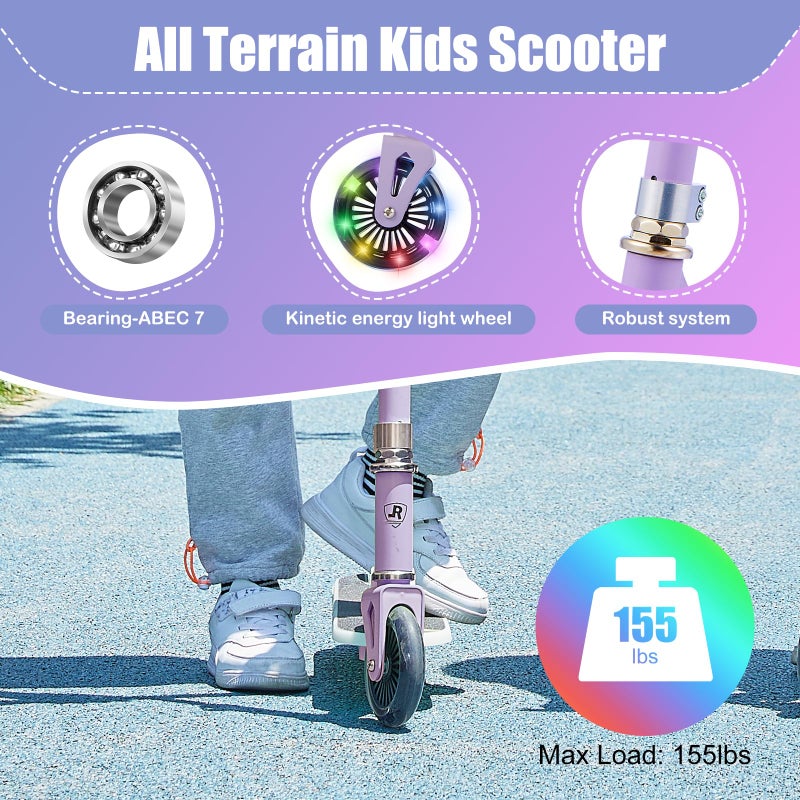 Rahmory Kick Scooter for Ages 5-12,Kid, Teens. Max Load 155 LBS. Foldable, Lightweight, with Light up Wheels and Dynamic Light Deck, Teen and Adults, 3 Adjustable Levels. - Image 5
