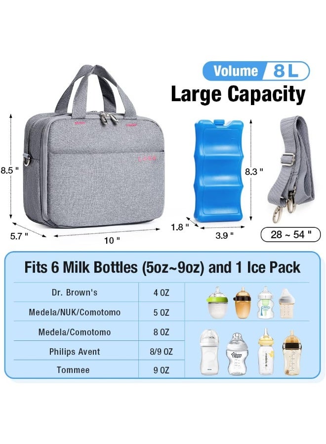 Lekebaby Lekebaby Breast Milk Cooler Bag with Contoured Ice Pack Fits 6 Breastmilk Baby Bottles Cooler Tote Bag for Nursing Mothers, Grey - Image 3