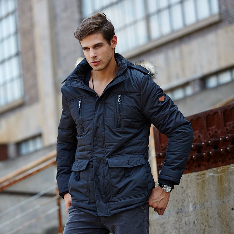 Winter New Long Men'S Cotton-Padded Jacket Plus Velvet Warm Slim Coat Men'S Casual Cotton-Padded Clothes - Image 1