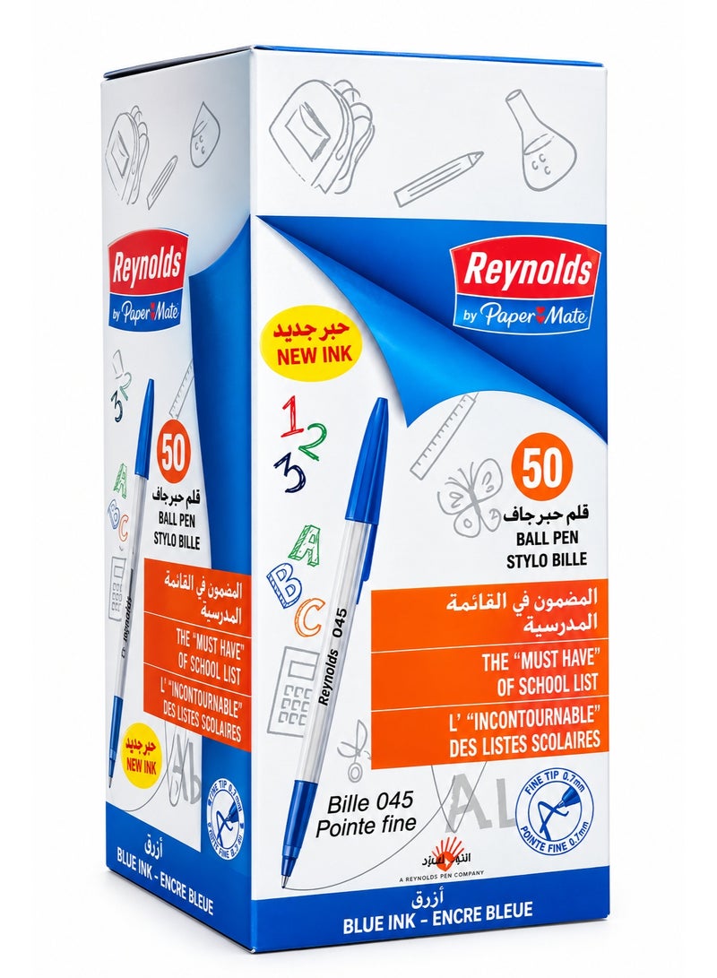 Reynolds 045 Fine Point Ballpoint Pens, 0.5mm, Blue Ink, Pack of 50 - Image 2
