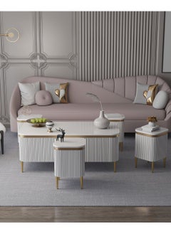 Luxury Coffee Table Set – 5 Pieces, White Design with Gold Accents & Marble-Like Surface, Main Table with a Length of 120 cm, Width of 60 cm, and Height of 50 cm, and Four Side Tables with a Length of 30 cm, Width of 30 cm, and Height of 50 cm - pzsku/ZD46F2EB5E6AB5132183FZ/45/_/1737368664/527cc849-2dae-4583-977f-b77d4a98dfcd