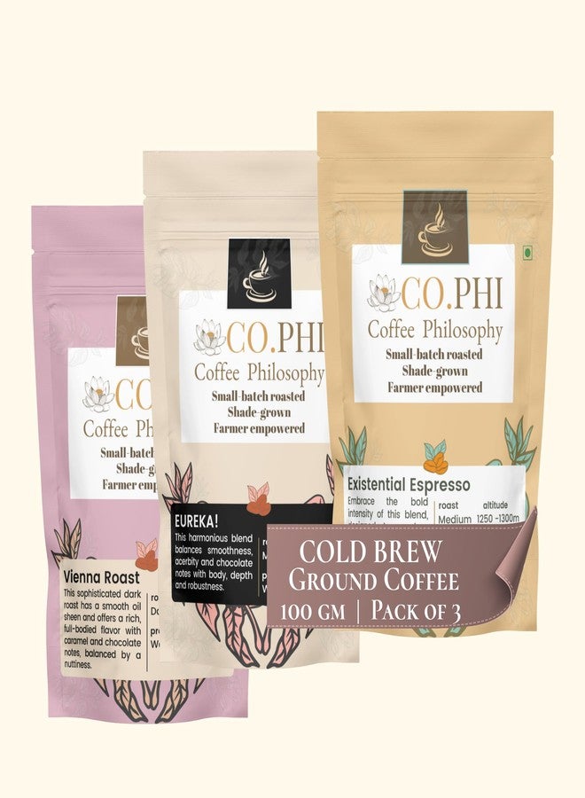 CO.PHI Coffee Philosophy Sample Pack Origin Series (3 x 100 gms) Cold Brew Grind, Ground Coffee Combo, Arabica Robusta Blend, Coorg, Vienna Roast, Eureka, Existential Espresso, Washed Process - Image 1