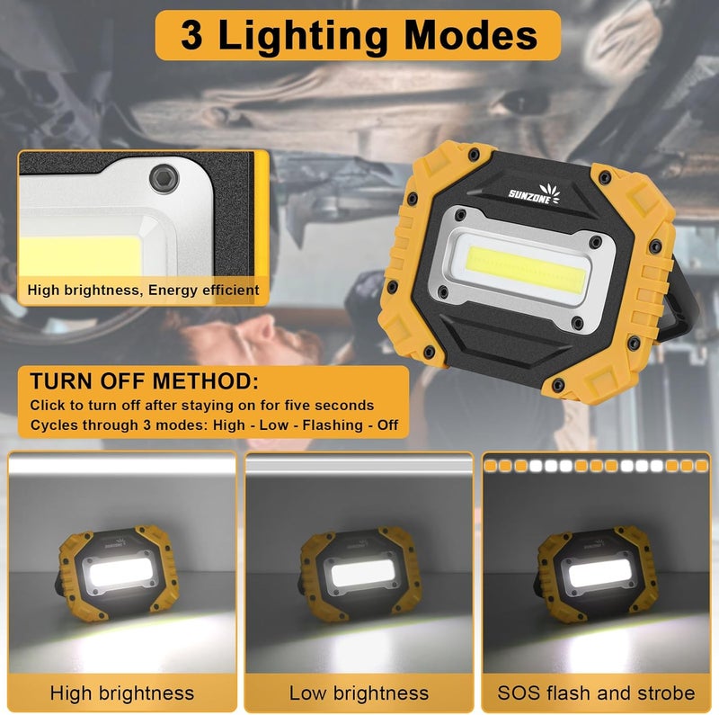 sunzone LED Work Light, Rechargeable Magnetic Flood Lights with Stand, Waterproof Portable Job Site Lighting for Camping, Fishing, Hiking, Car Inspection with Emergency Mode (2 Pack) - Image 2