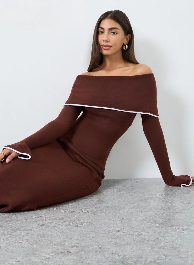Contrast Trim Bardot Neck Sweater Maxi Dress