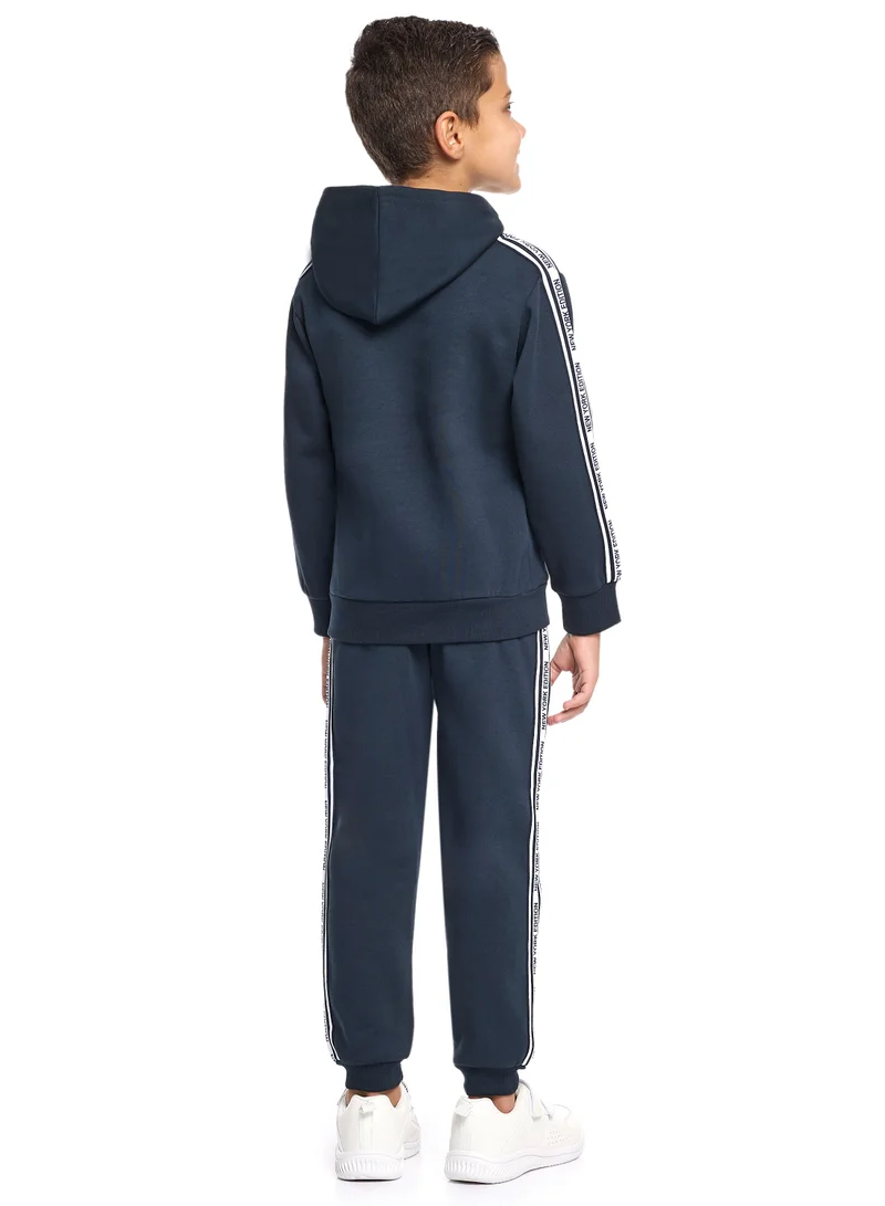 victor and jane Boys Hooded Badge Fleece Tracksuit - Navy with Side Tape Detail