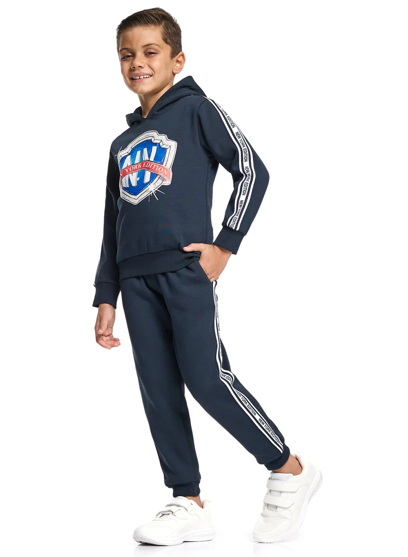 victor and jane Boys Hooded Badge Fleece Tracksuit - Navy with Side Tape Detail