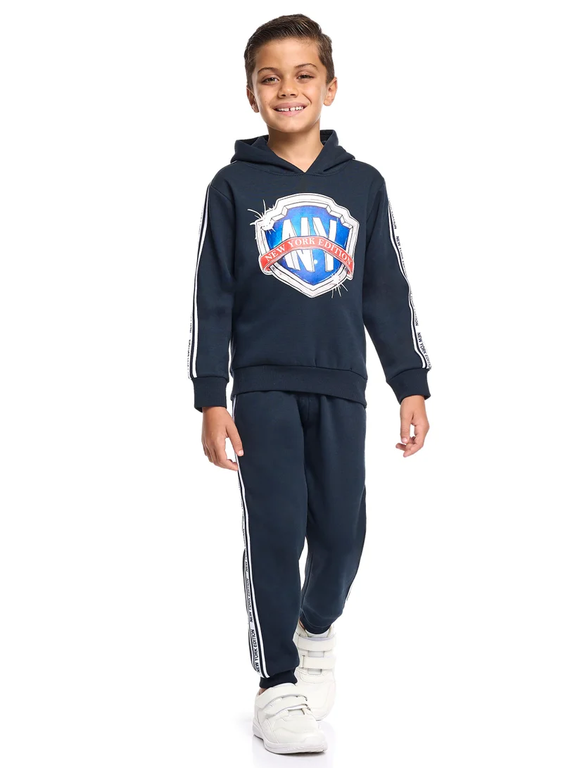Victor And Jane  Boys Hooded Badge Fleece Tracksuit - Navy with Side Tape Detail for Men | Best Price UAE