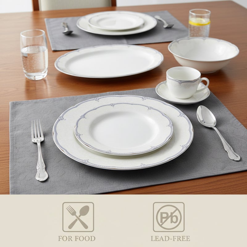 Shallow SORA 32Pc Bone China Dinner Set, White with Silver-Blue Rim Dinnerware for Hosting&Everyday Dining | Plates, Bowls, Cups & Serving Set | Perfect for 6 Persons for Ramdan, Christmas - Image 3