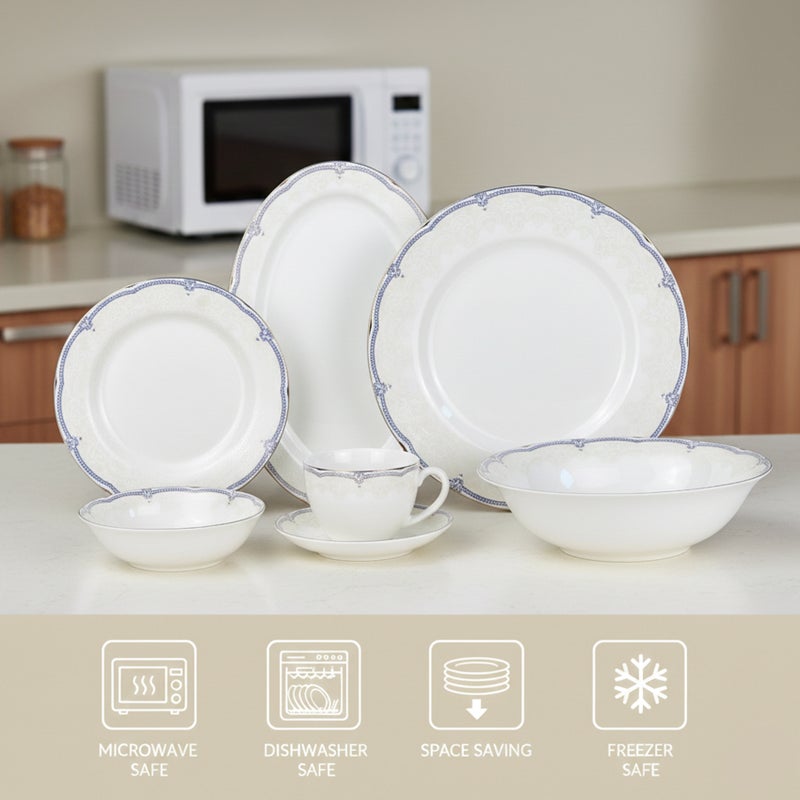 Shallow SORA 32Pc Bone China Dinner Set, White with Silver-Blue Rim Dinnerware for Hosting&Everyday Dining | Plates, Bowls, Cups & Serving Set | Perfect for 6 Persons for Ramdan, Christmas - Image 4