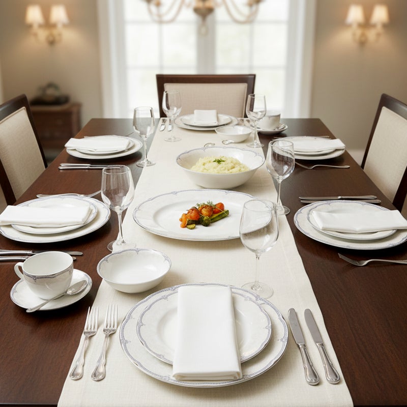 Shallow SORA 32Pc Bone China Dinner Set, White with Silver-Blue Rim Dinnerware for Hosting&Everyday Dining | Plates, Bowls, Cups & Serving Set | Perfect for 6 Persons for Ramdan, Christmas - Image 2