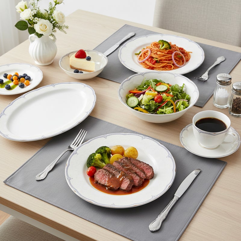 Shallow SORA 32Pc Bone China Dinner Set, White with Silver-Blue Rim Dinnerware for Hosting&Everyday Dining | Plates, Bowls, Cups & Serving Set | Perfect for 6 Persons for Ramdan, Christmas - Image 5