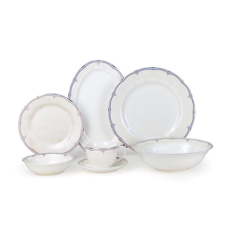 Shallow SORA 32Pc Bone China Dinner Set, White with Silver-Blue Rim Dinnerware for Hosting&Everyday Dining | Plates, Bowls, Cups & Serving Set | Perfect for 6 Persons for Ramdan, Christmas - Image 1