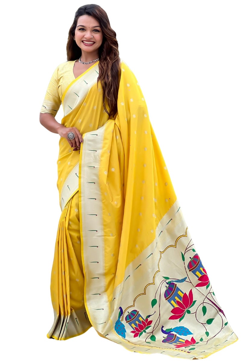 SGF11 Women's Kanjivaram Paithani Soft Silk Saree With Blouse Piece (Yellow) - Image 1