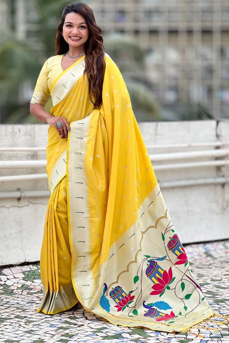 SGF11 Women's Kanjivaram Paithani Soft Silk Saree With Blouse Piece (Yellow) - Image 2