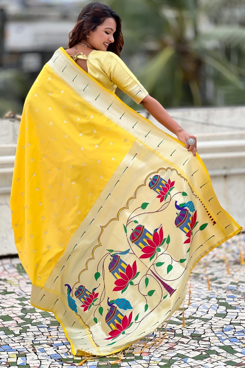 SGF11 Women's Kanjivaram Paithani Soft Silk Saree With Blouse Piece (Yellow) - Image 4