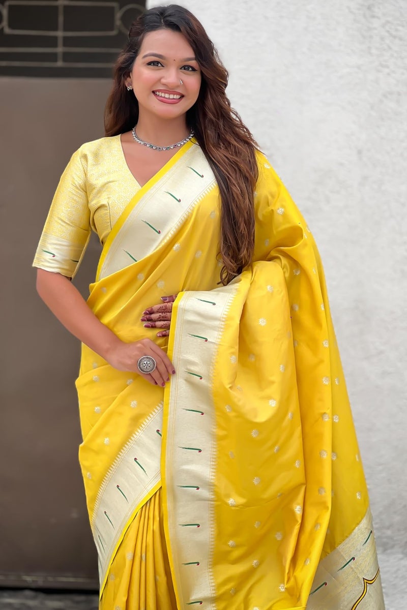 SGF11 Women's Kanjivaram Paithani Soft Silk Saree With Blouse Piece (Yellow) - Image 3