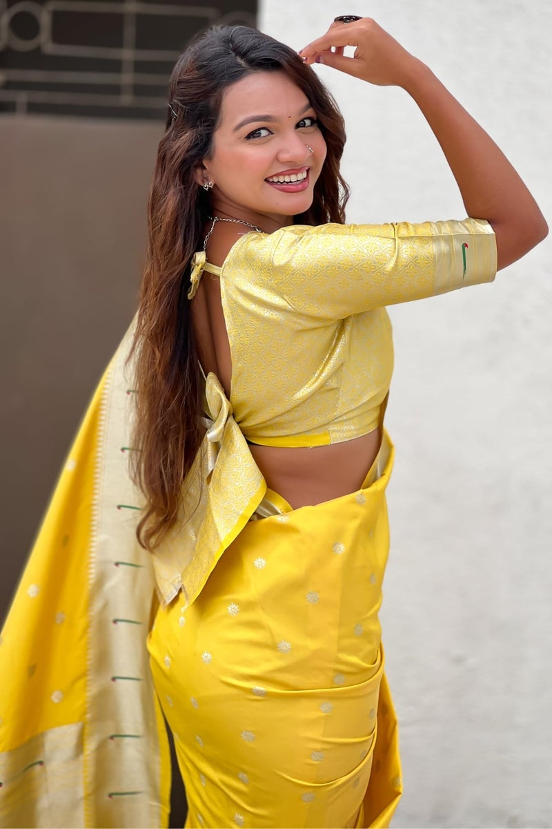 SGF11 Women's Kanjivaram Paithani Soft Silk Saree With Blouse Piece (Yellow) - Image 5