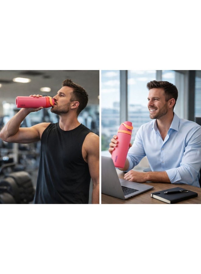 زجاجة مياه أوالا من الفولاذ المقاوم للصدأ مع شفاطة بلاستيكية وفولاذية، وغطاء مانع للتسرب بفتحة واسعة، تصميم سهل الفتح بضغطة واحدة، زجاجة رياضية وسفر قابلة لإعادة الاستخدام، سعة 800 مل، لون وردي فاقع - Image 2