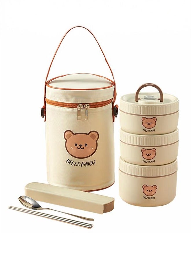 XiuWoo 3Pack Stainless Steel Thermal Lunch Box Bento Box Portable Insulated Lunch Container Set with Insulated Bag and Spoon Microwave Safe Dishwasher Safe Beige  - Image 1