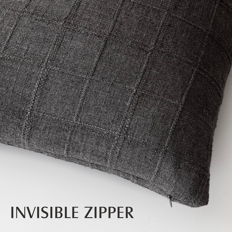 Foindtower Set of 1 Decorative Linen Check Throw Pillow Cover Neutral Farmhouse Vintage Cushion Cover Modern Boho Home Decor for Sofa Chair Couch Bedroom Living Room,16×16 Inch,Charcoal - Image 3