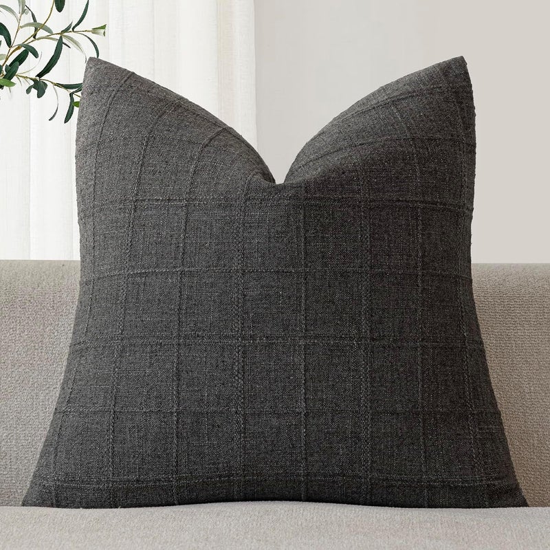 Foindtower Set of 1 Decorative Linen Check Throw Pillow Cover Neutral Farmhouse Vintage Cushion Cover Modern Boho Home Decor for Sofa Chair Couch Bedroom Living Room,16×16 Inch,Charcoal - Image 1