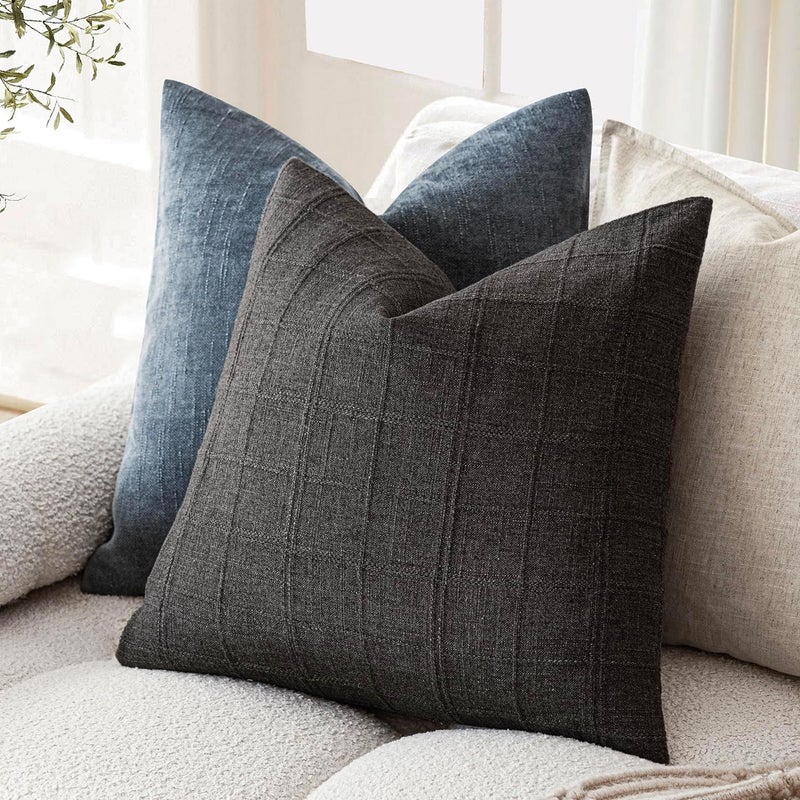 Foindtower Set of 1 Decorative Linen Check Throw Pillow Cover Neutral Farmhouse Vintage Cushion Cover Modern Boho Home Decor for Sofa Chair Couch Bedroom Living Room,16×16 Inch,Charcoal - Image 5