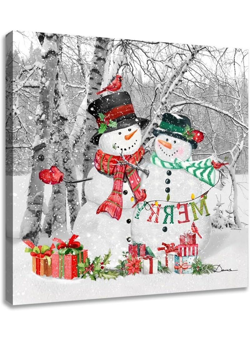 مؤسسة فكرة اليوم لوحة فنية جدارية لرجل ثلج، مشهد غابة البتولا الشتوية، ملصق مطبوع على قماش كهدية عيد ميلاد سعيد ورأس السنة الجديدة، مقاس 12 × 12 - Image 1